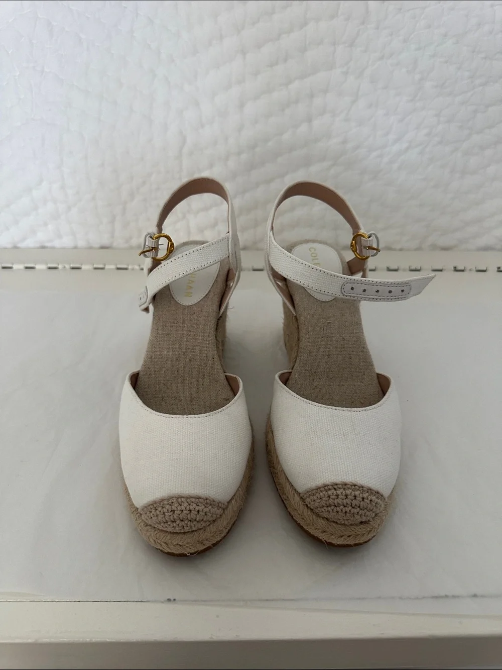 Cole Haan White Espadrille Wedge Sandals with Ankle Buckle